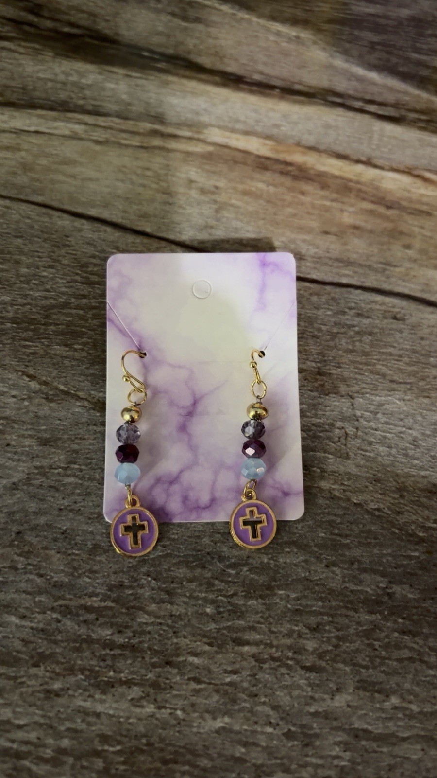 Handcrafted Purple Gold Beaded Cross Charm Dangle Earrings Glass Metal Religious