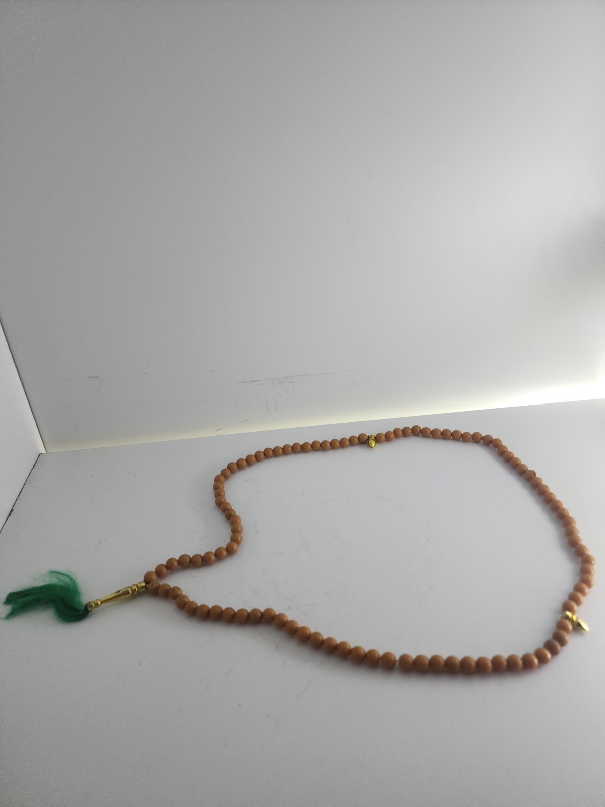 Brown Beige Beads Necklace Meditation Souvenir Green Tassel Gold Tone Charm