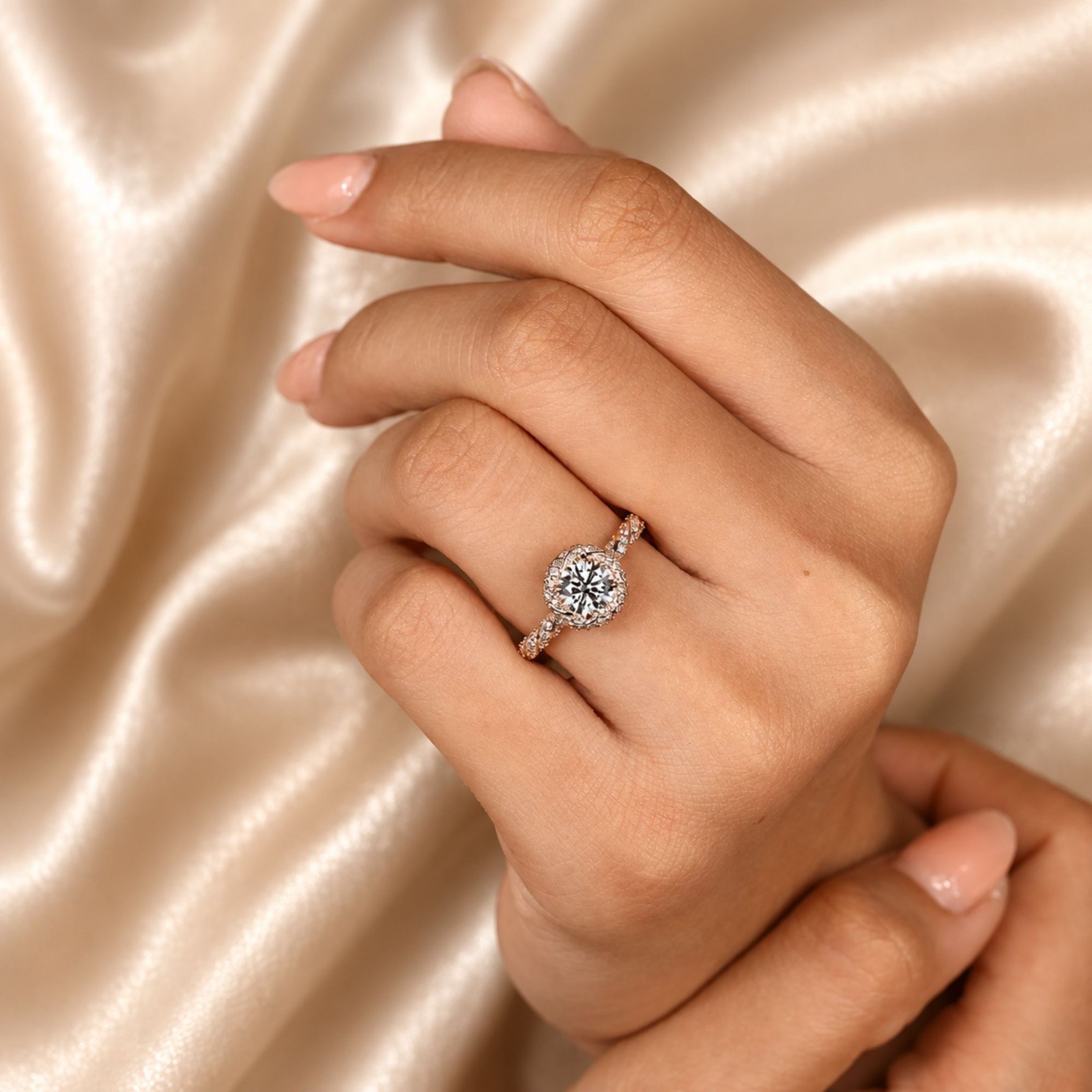 1.00 CT Sterling Silver Round Cut Diamond Ring in Halo Style with Twisted Design