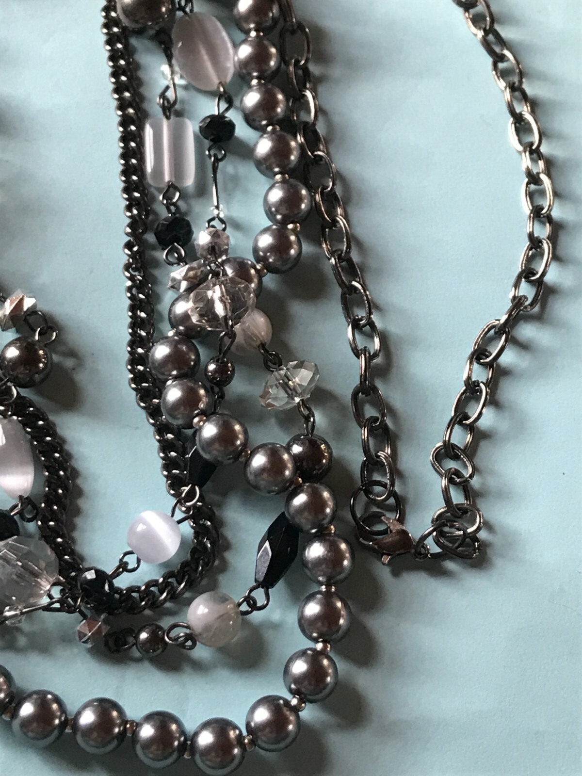Long Oxidized Silvertone Chain w Multistrand Gray White & Black Beads Necklace
