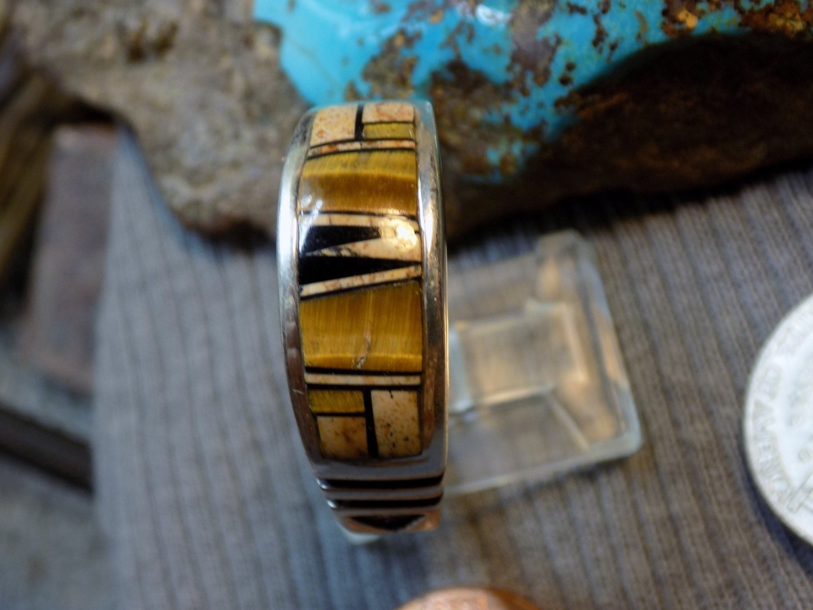 Size 13 1/2 Sterling Turquoise Multi Stone Inlay Navajo Mens Ring Rick Tolino