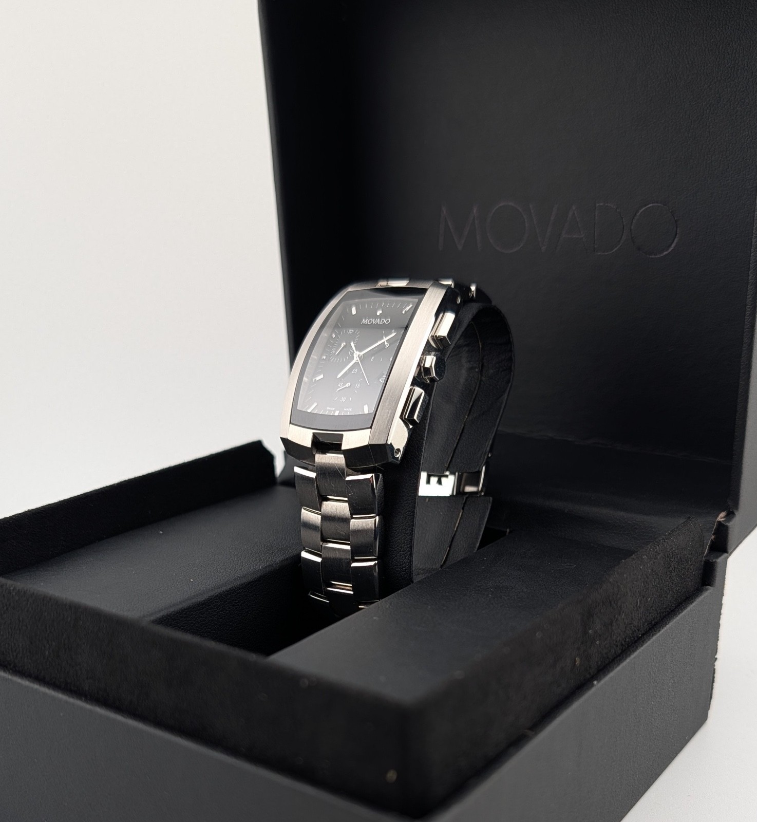 Movado Mens Eliro Chronograph SS W/Tonneau Barrel/Blk Dial #84.H1.1450~Exquisite
