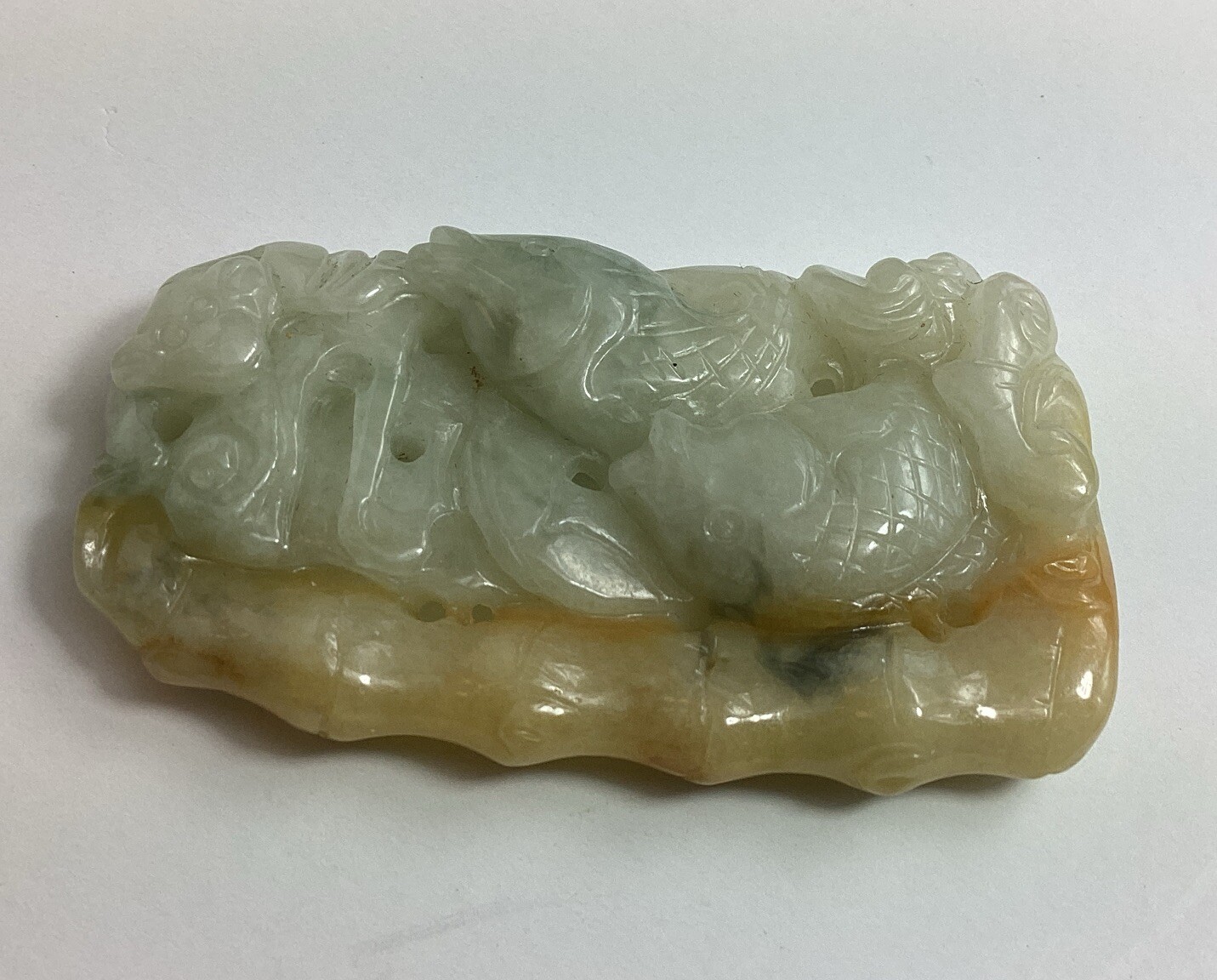 Light Tan Jadeite 2 Fish, Lucky Coin, Bamboo Translucent Pendant