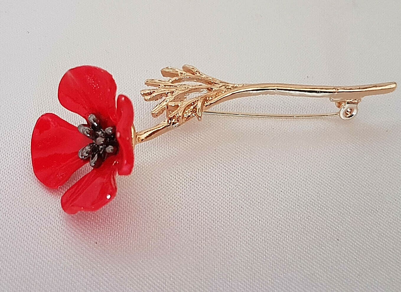 Enamel Red Poppy on Gold Stem Approx 75mm x 30mm By CassysJules