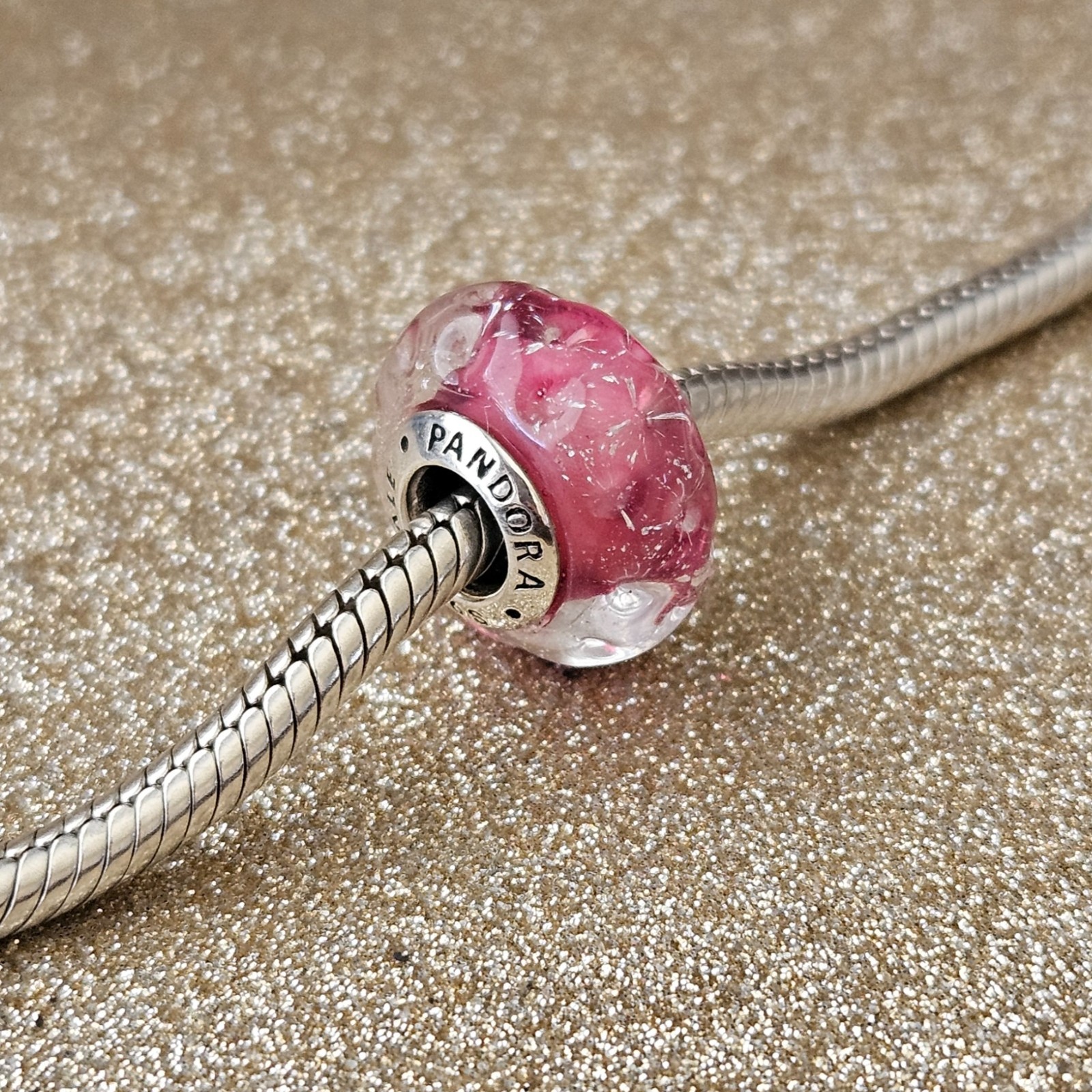Authentic Pandora Wavy Fancy Pink Silver Murano Charm