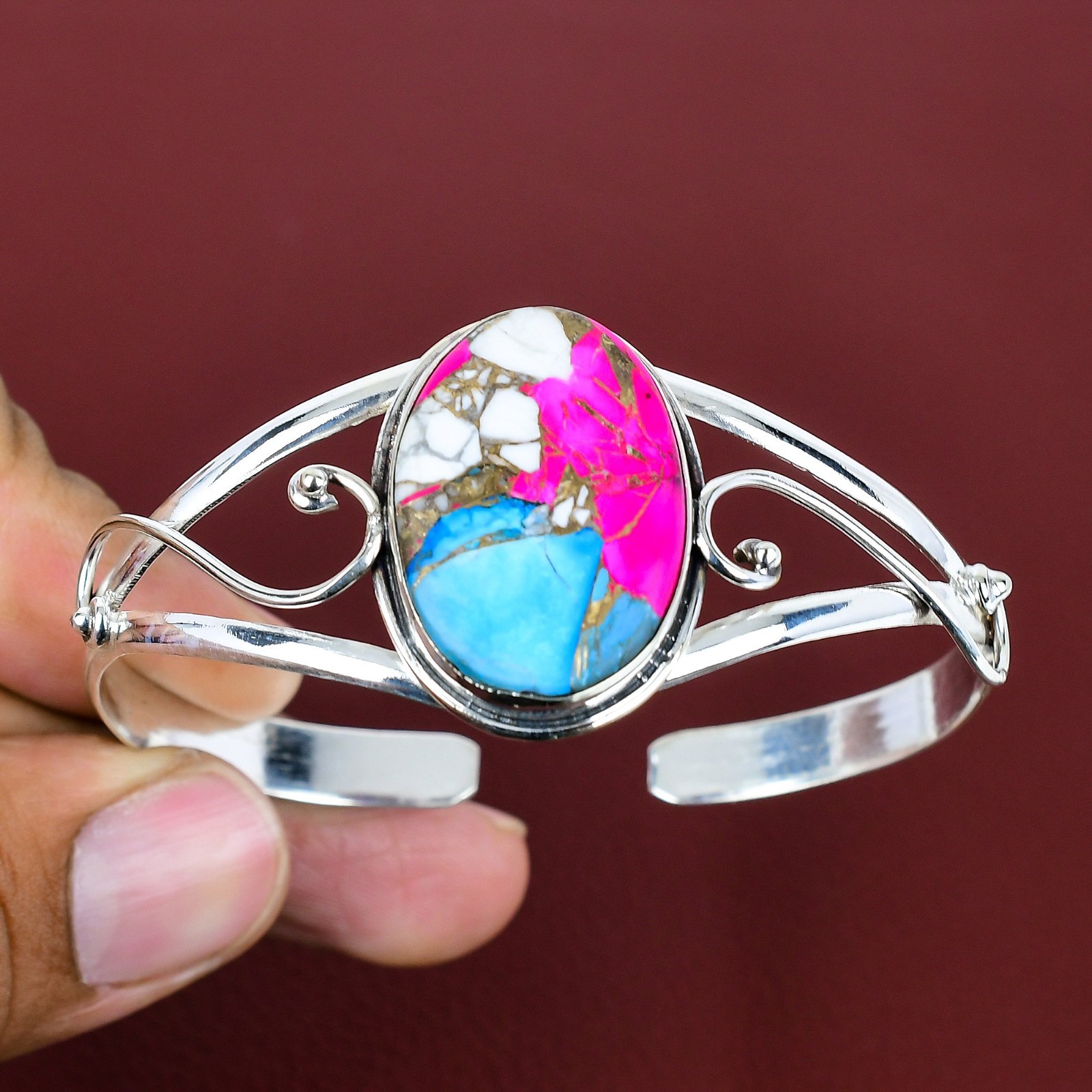 Cotton Candy Turquoise Gemstone 925 Sterling Silver Adjustable Cuff Bracelet
