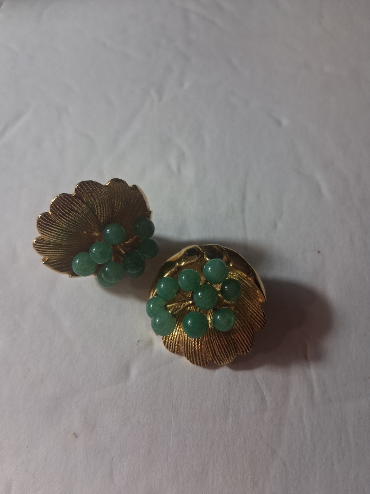 Vintage TRIFARI Textured Gold Shell Earrings W/ Faux Jade Beads