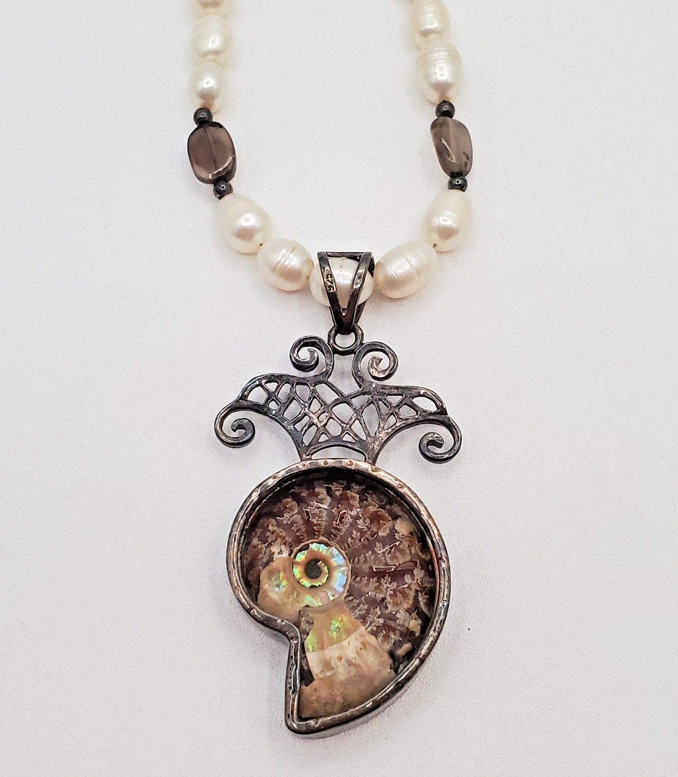 VTG 925 Ammonite Fossil Pendant Pearl Glass 16in Necklace Sterling Silver 40gtw