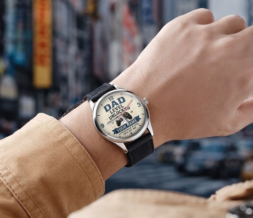 Dad Level Unlocked Personalised Gamer Dad Watch Gift 38mm Dial Boxed