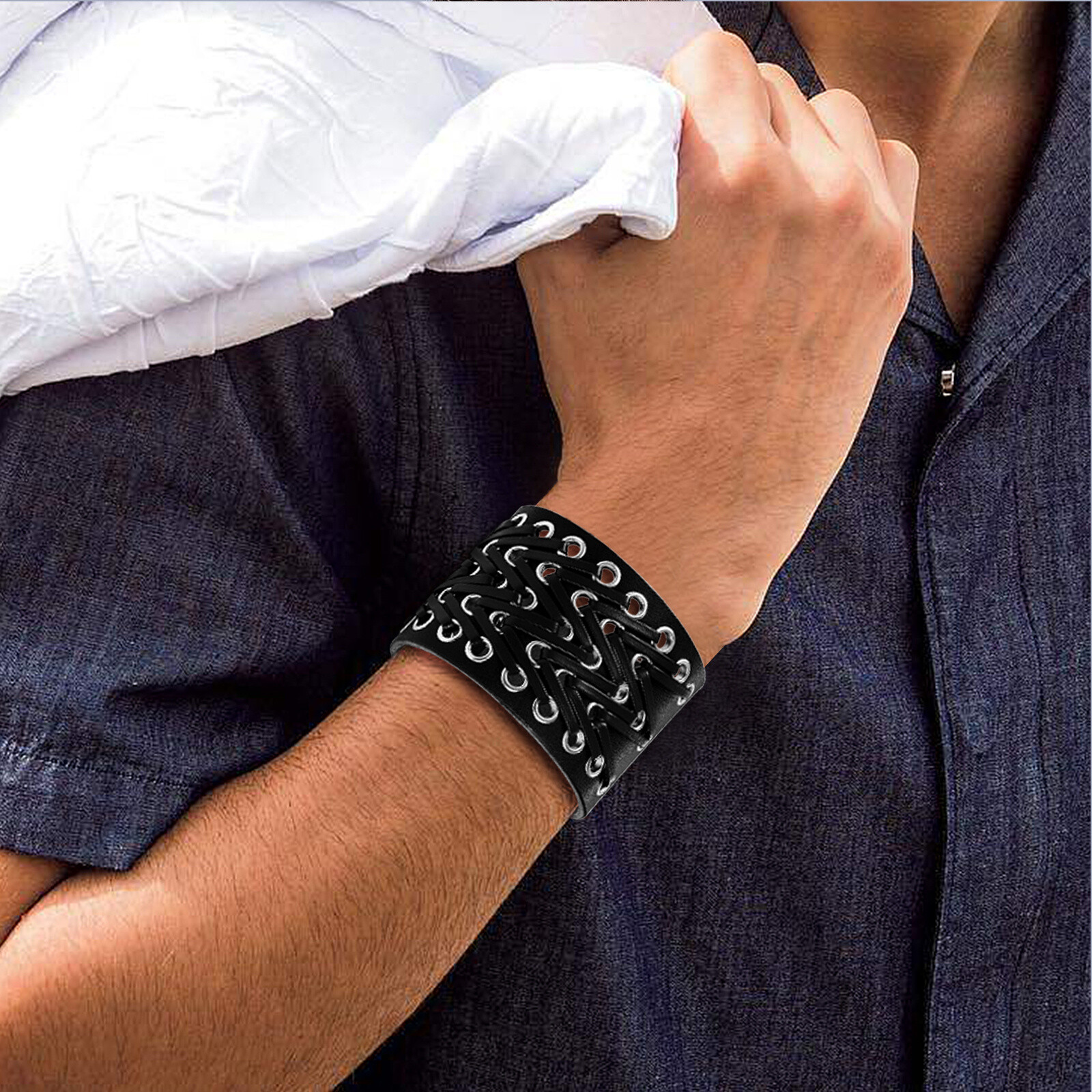 Mens Punk Wide Braided PU Leather Bangle Wrap Bracelet Adjustable Cuff Wristband