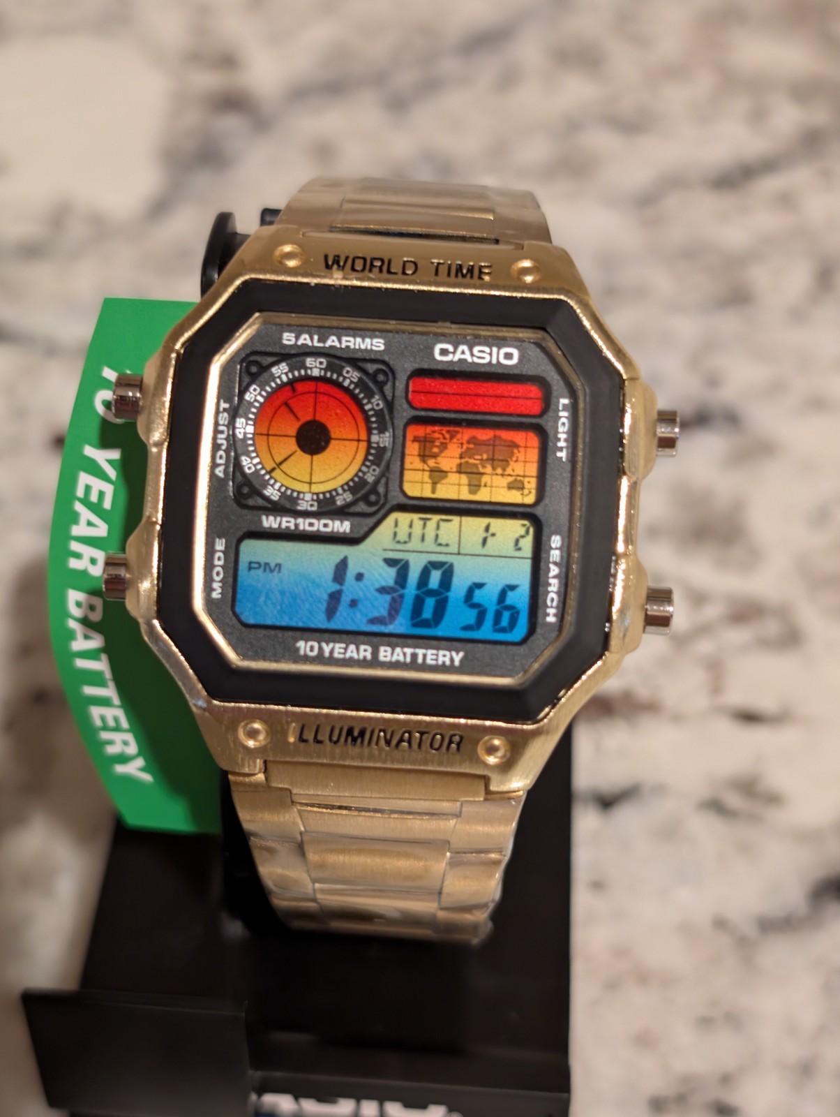 Gold CASIO AE-1200WHD 1-A. Rare Ocean Sunset Mod Royale World time watch