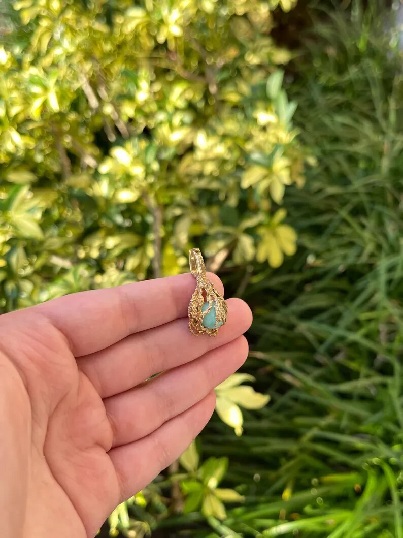 6.80 Carat Colombian Emerald Sphere Cabochon Nugget Cage Pendant Gold 14K