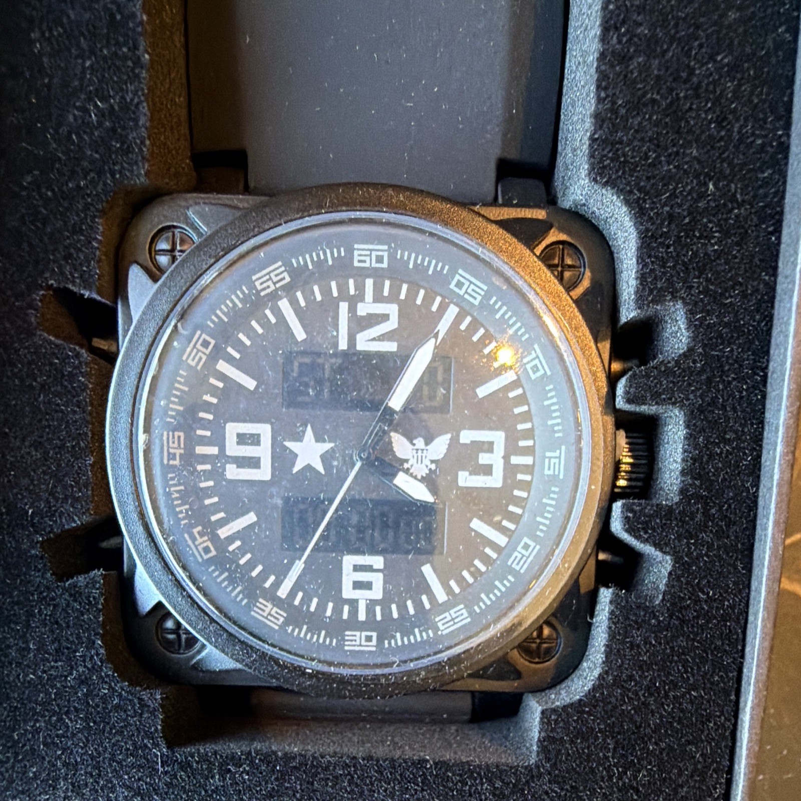 TACT LINE Tactline Analog/Digital Quartz SS Square Black Strap w/ Box