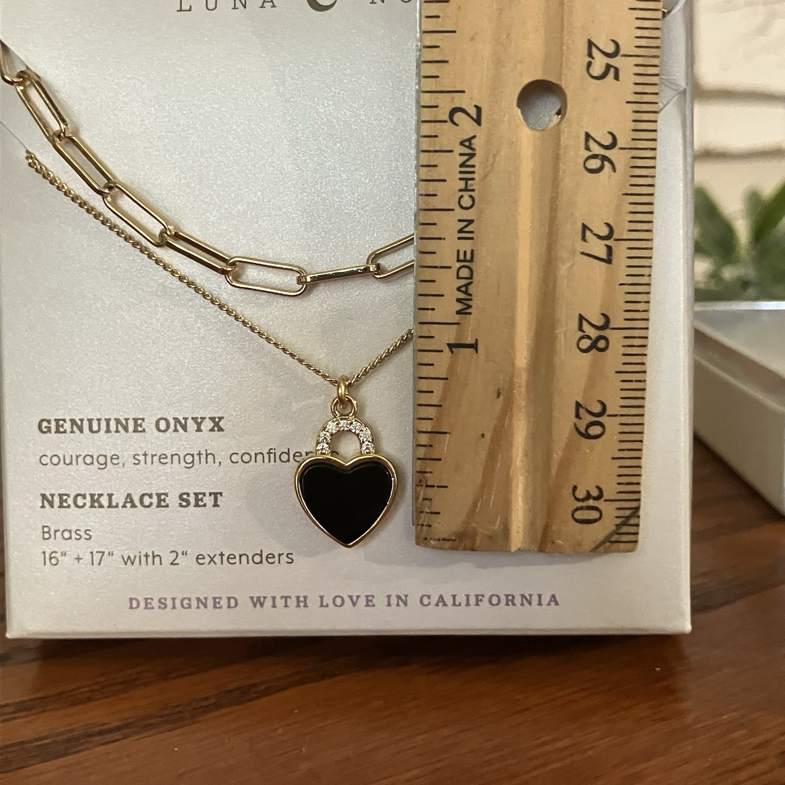 Luna Norte Genuine Black Onyx Heart 2 Necklace Set Paperclip Link Gold Chain