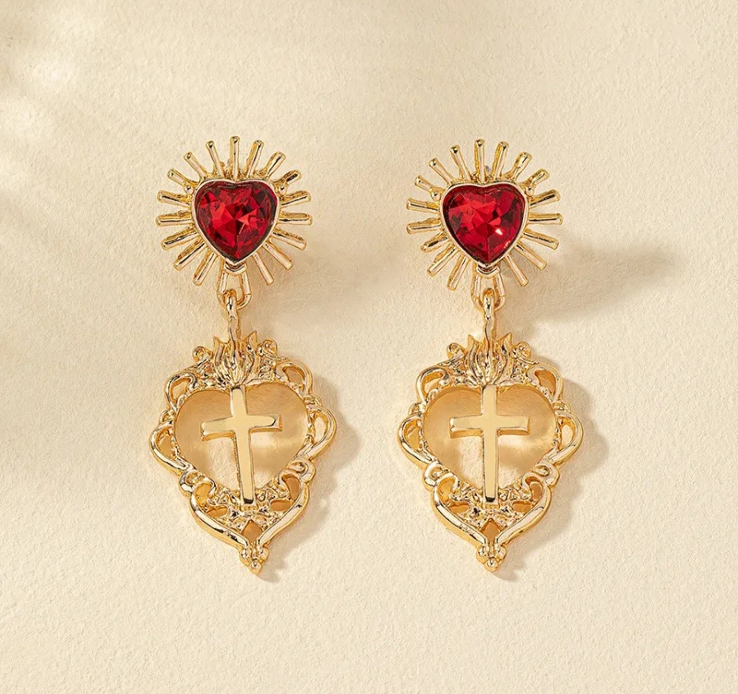 Gold Tone Heart Red Crystal Cross Charm Dangle Drop Earrings Butterfly