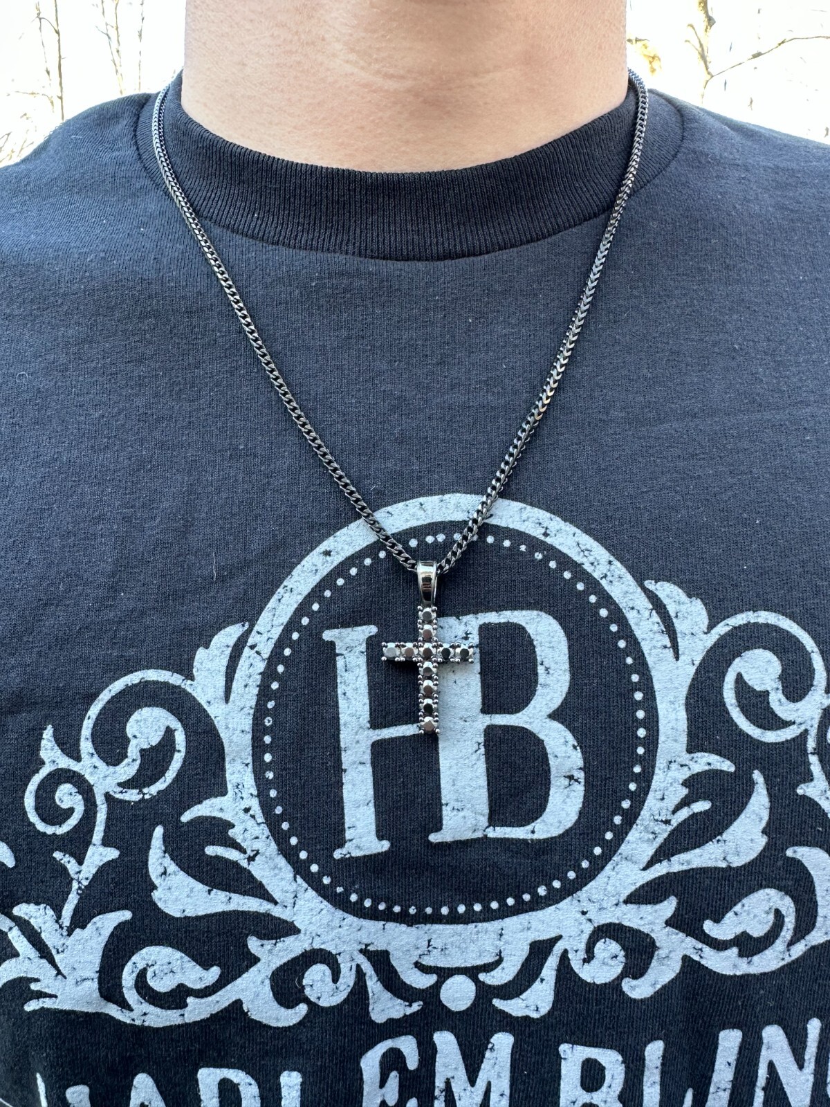 Black MOISSANITE Real Oxidized Rhodium 925 Silver Cross Iced Pendant Necklace