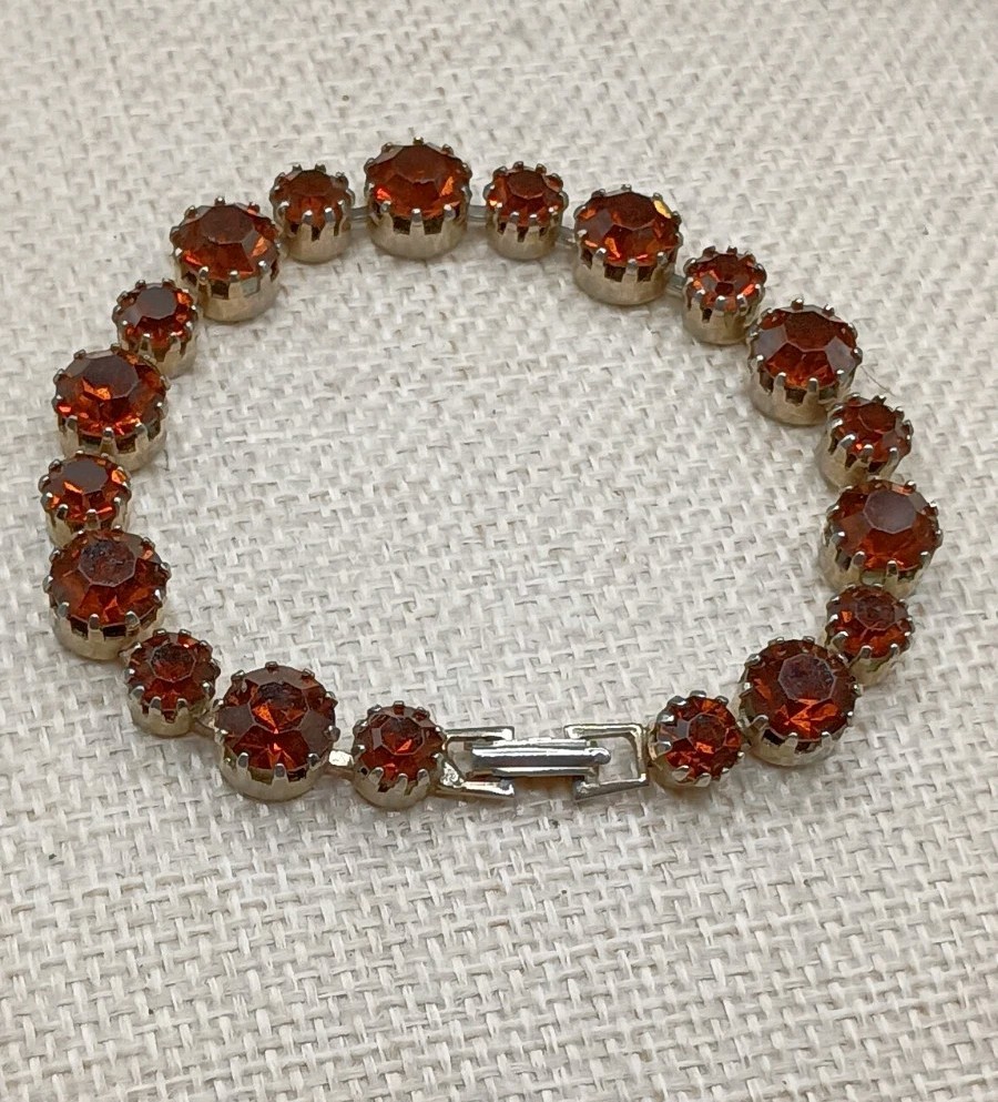Vintage Rhinestone Tennis Bracelet Orange Brown Stone Sparkly 7.25″