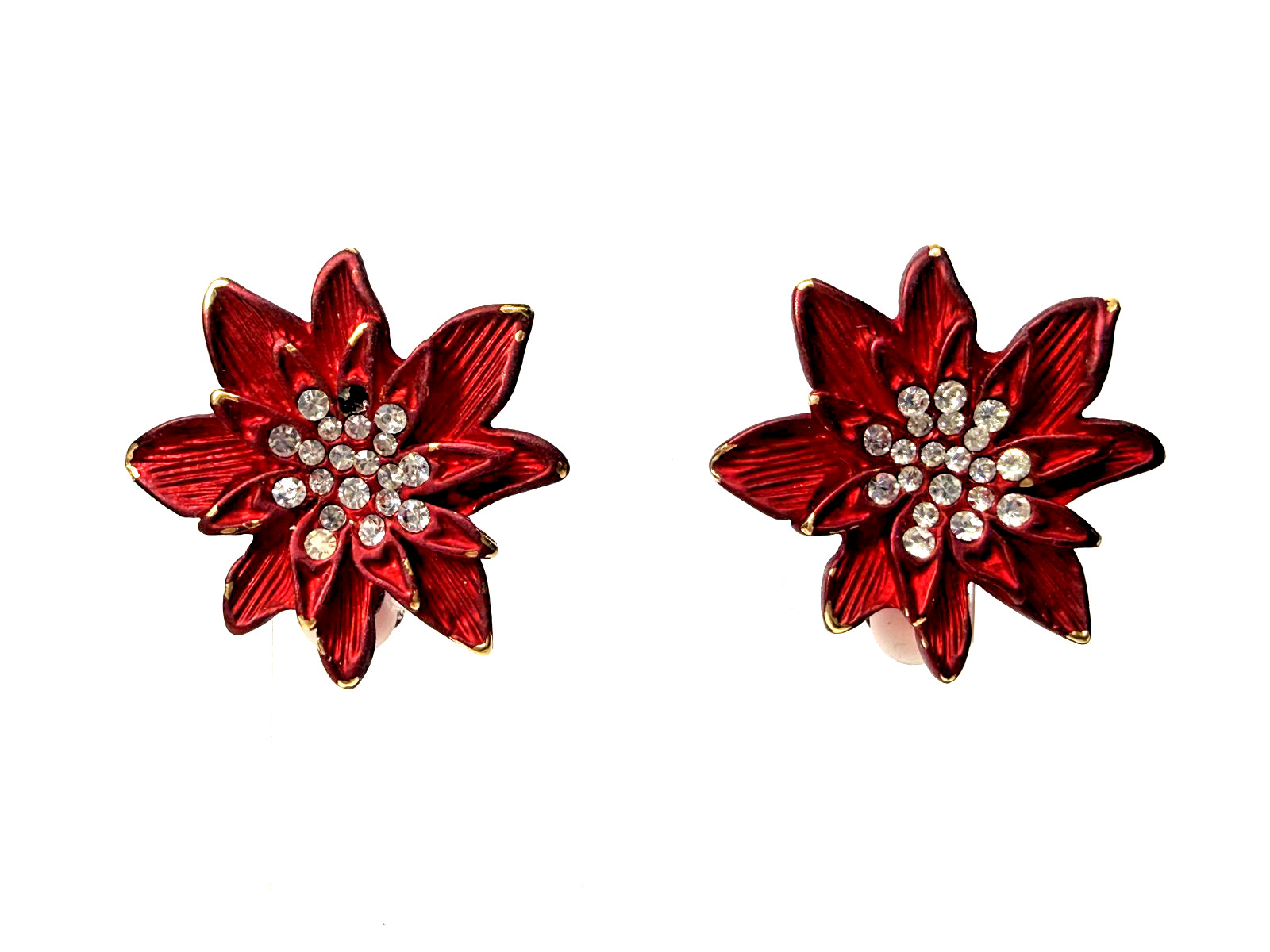 Vintage Red Enamel Rhinestone Poinsettia Flower Clip Earrings