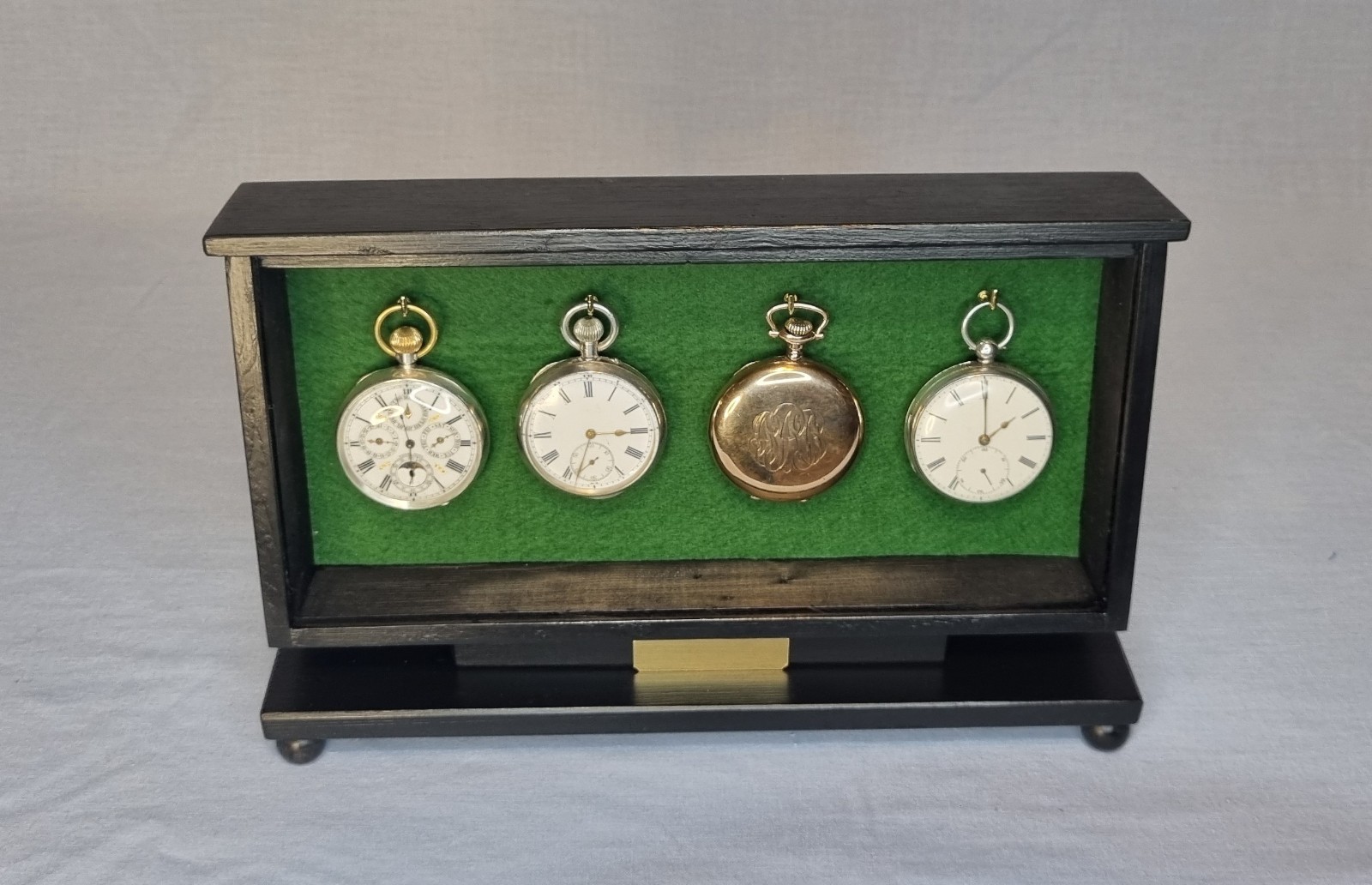 Pocket watch glass display case, table top, solid wood cabinet choice of 4 sizes