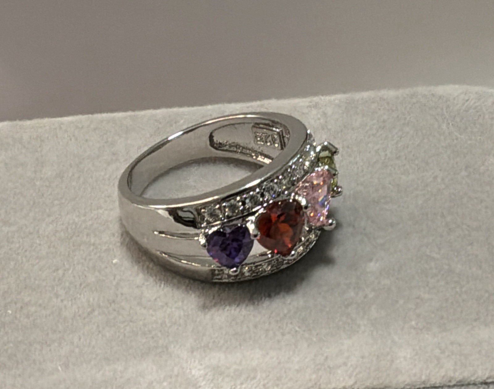 MULTI-STONE RING – HEART CUT STONES – 7mm Each.- .925 Sterling Silver!!!