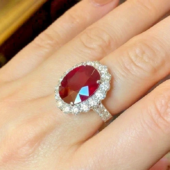 4.80 Ct Oval Cut Natural Ruby & Diamond Wedding Ring 14K White Gold