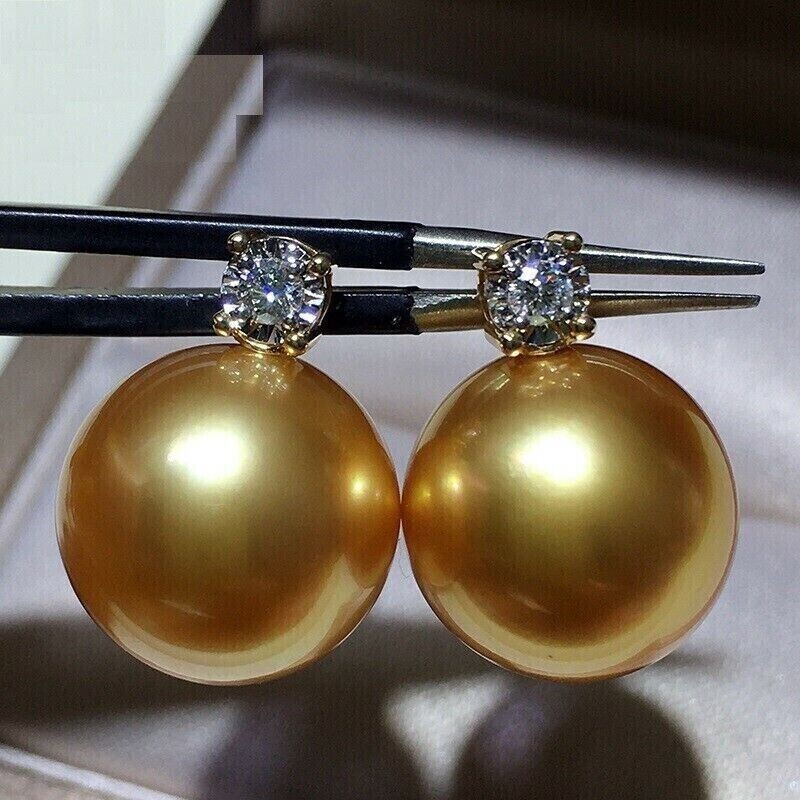 huge new AAAA+11-12mm Natural Gold South China Sea Round Pearl Earrings S925