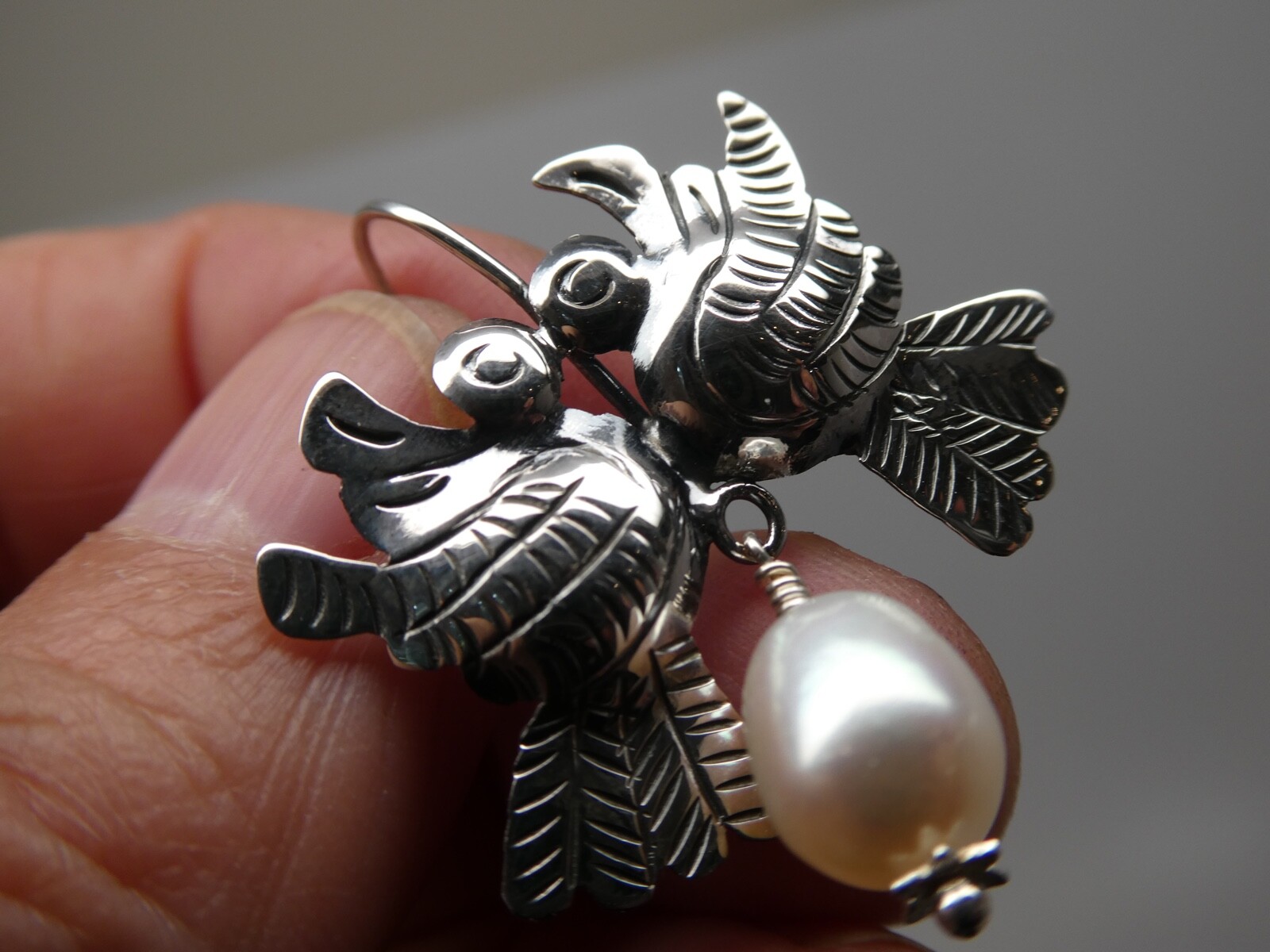 Love Bird Taxco Mexico Sterling Silver 925 & Pearl Frida Kahlo Style Earrings