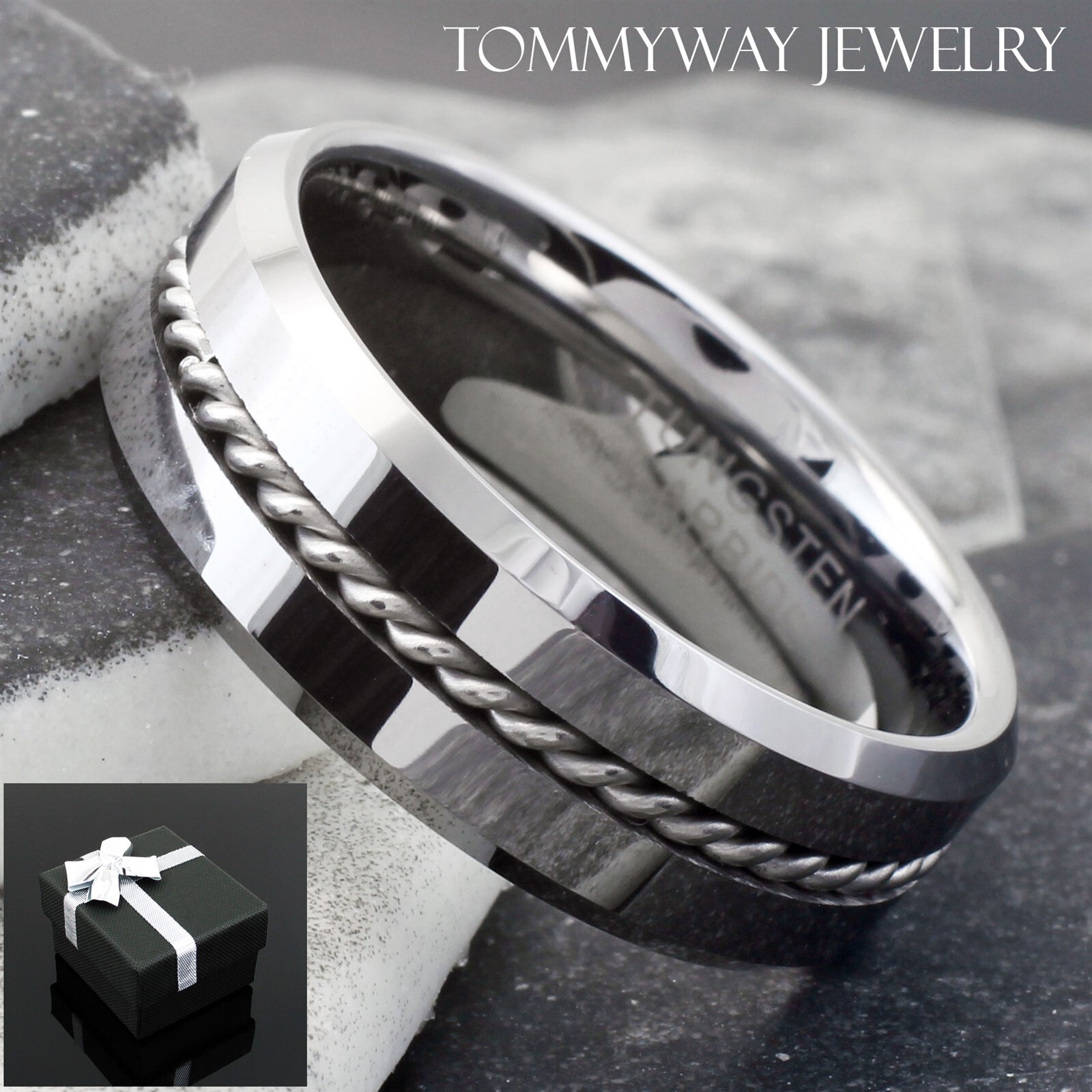 Tungsten Carbide Men’s Ring Silver Polished Steel Wire Rope Stripe Wedding Band