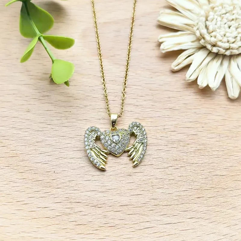 Copper Zirconia Inlay Heart Angel Wings Pendant Charm Steel Necklace for Women