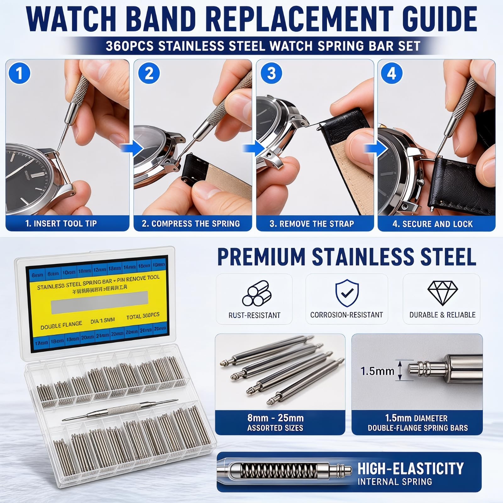 XinYunfan 360Pcs (8-25mm) Watch Band Link Pins Removal Tool Kit, Blue