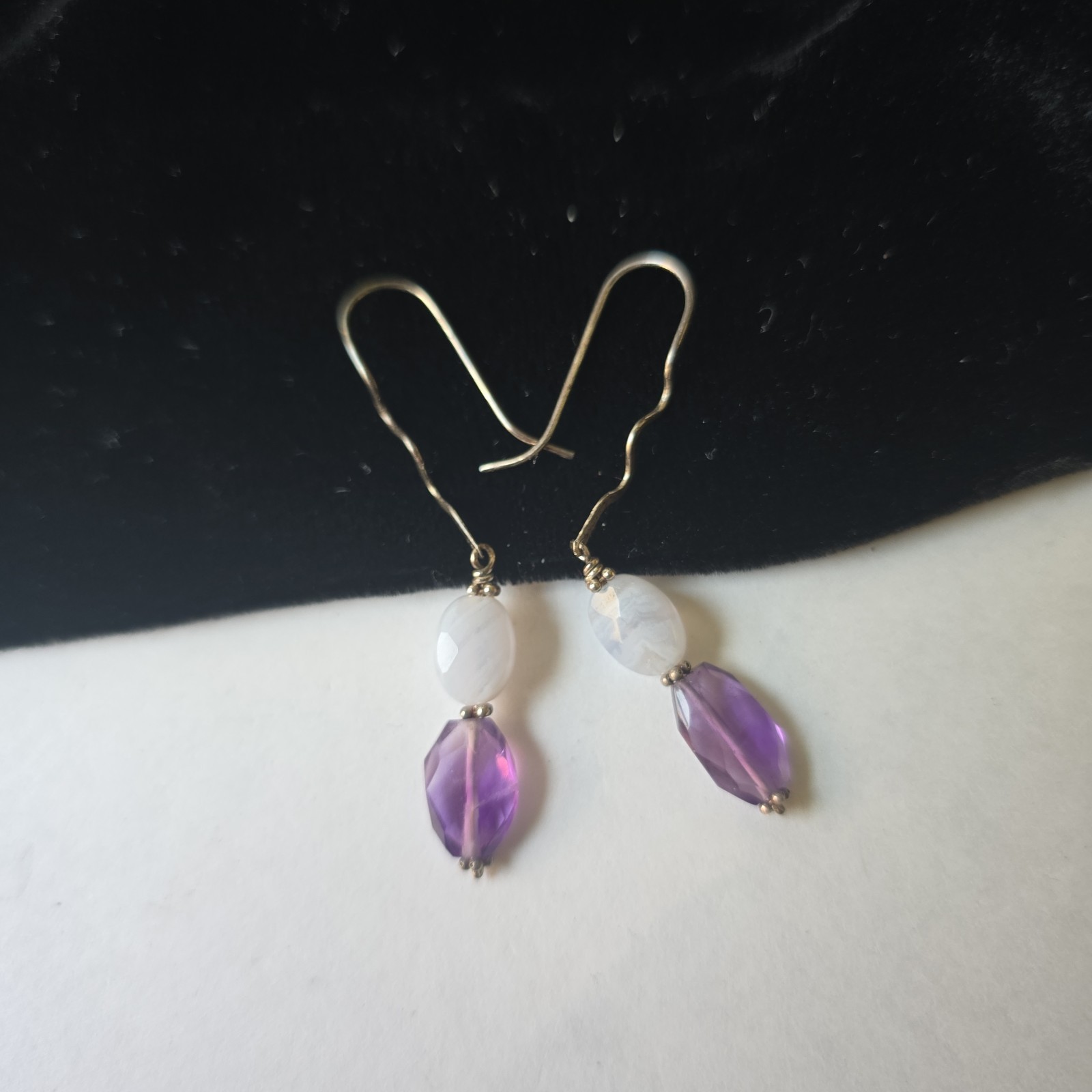 Vintage Sterling Silver 925 Hooks Amethyst Agate Beads Dangle Earrings