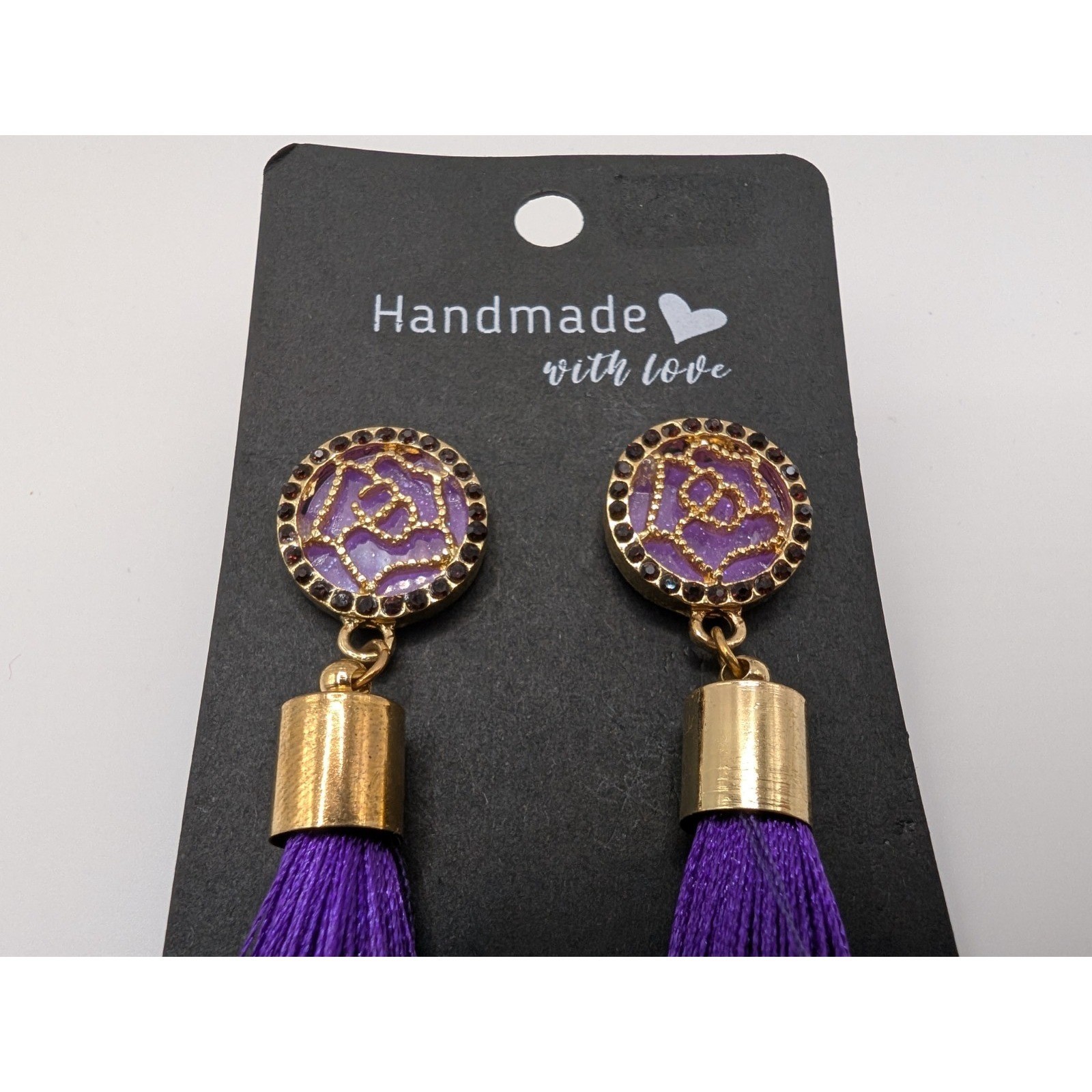 Handmade Purple Tassel Fringe Earrings Embellished Top Post 4.5″ NEW