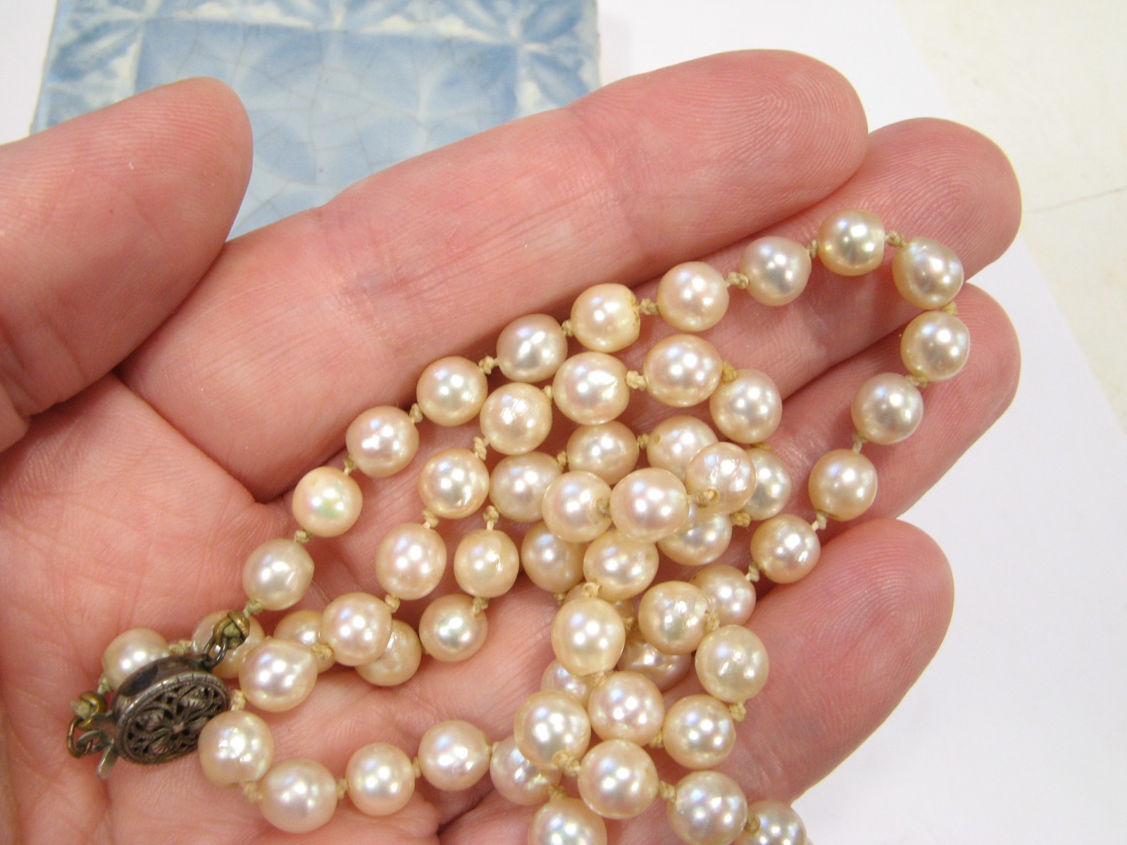 Vintage AKOYA Cultured PEARL Hand-knotted NECKLACE 6mm Sterling Silver 17.75″
