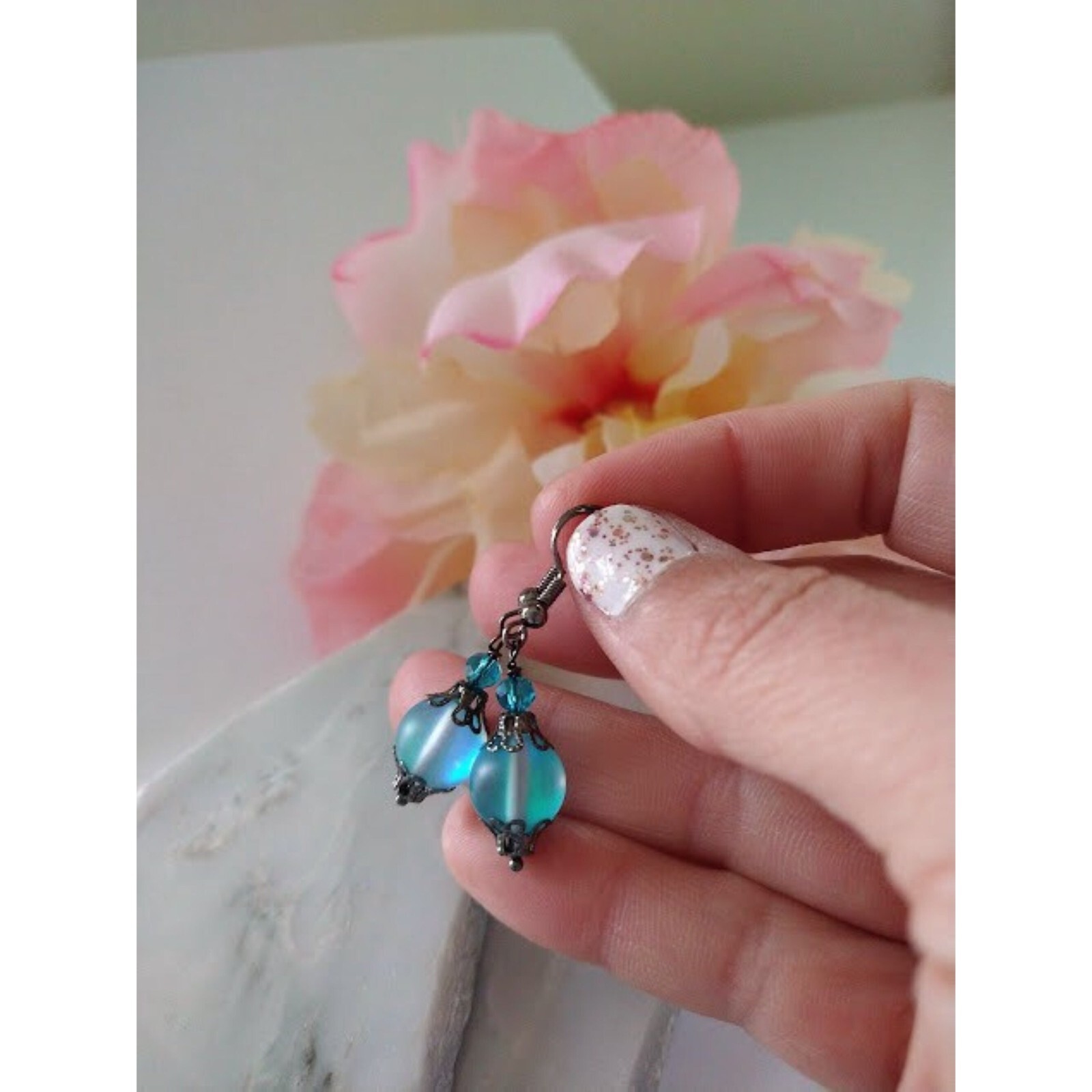 Mermaid Glass Dangle Earrings, Bridal Earrings, Bridesmaid Earrings, Handmade