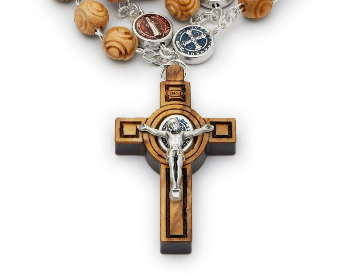 St Benedict Rosary Beads Catholic Olive Wood Medal Cross Blessed By Pope Vatican