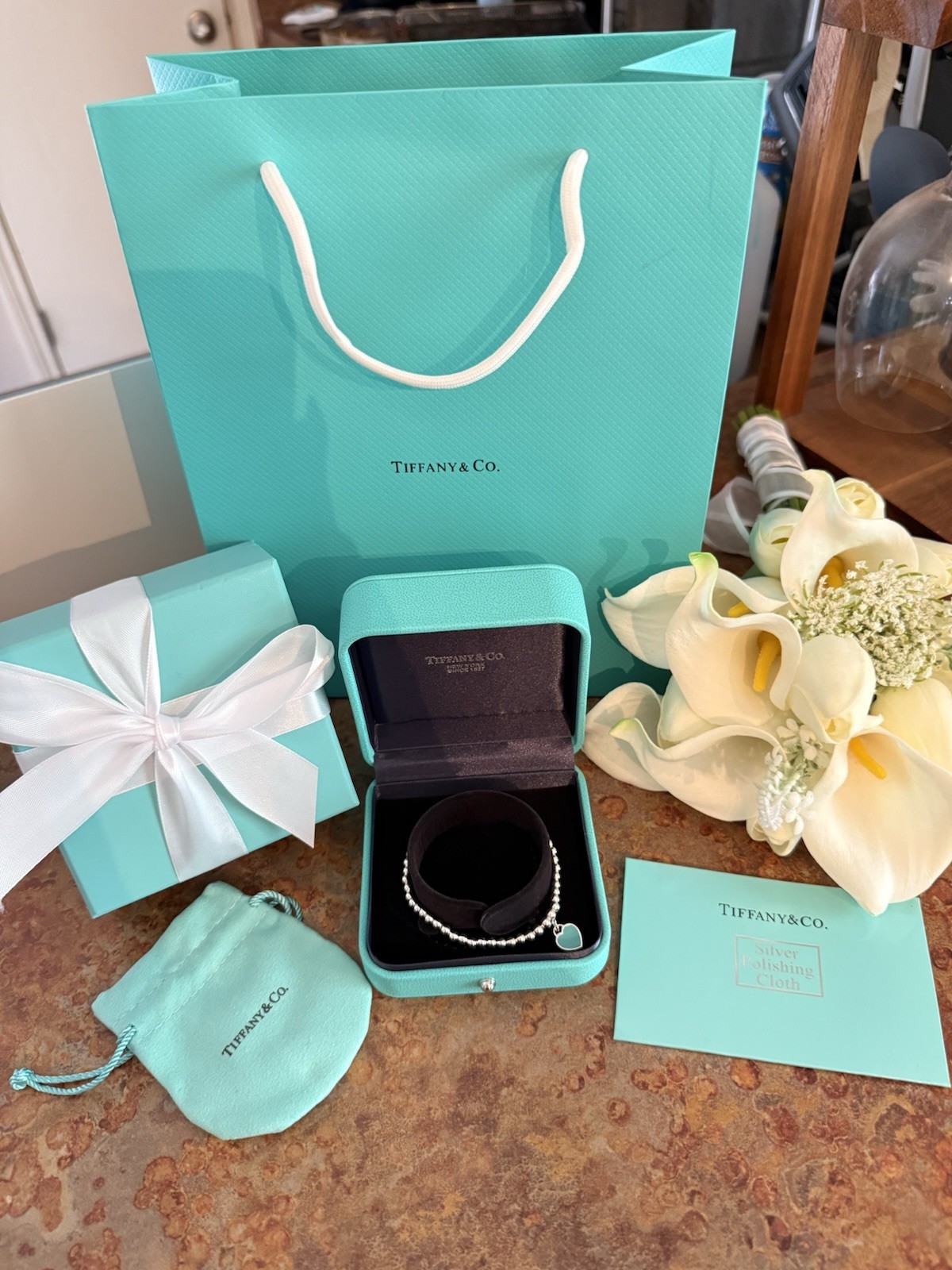 Tiffany & Co. Blue Heart Tag Bead Bracelet ( 7.5 Inches )
