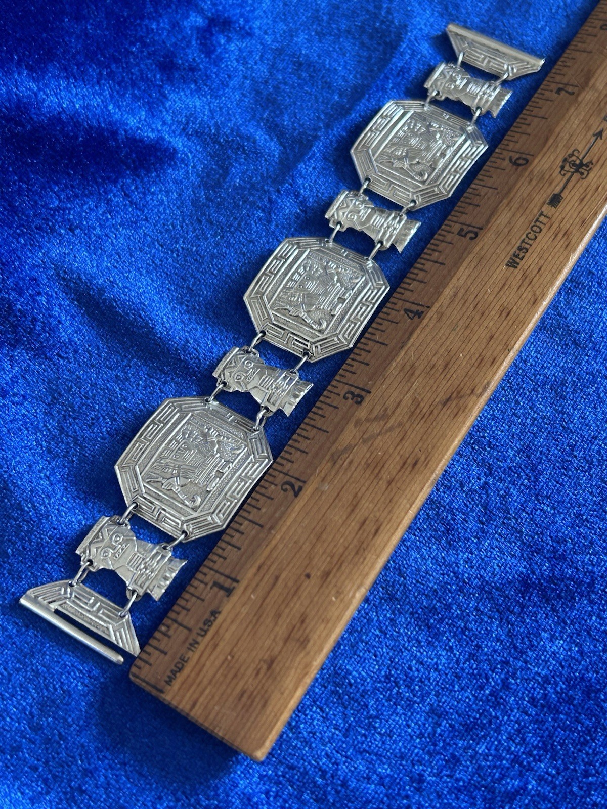 Vintage Estate Sterling Silver Inca Guardians Panel Bracelet Handmade Peru Old