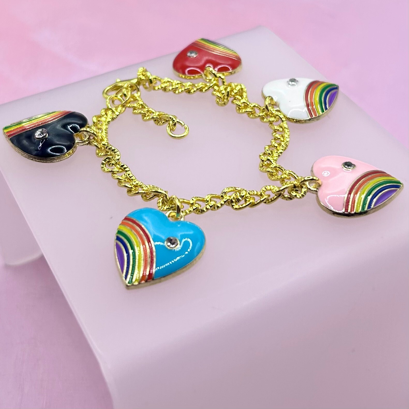 Gold Rainbow & Diamante Heart Pendant Charm Bracelet – New Handmade Unique