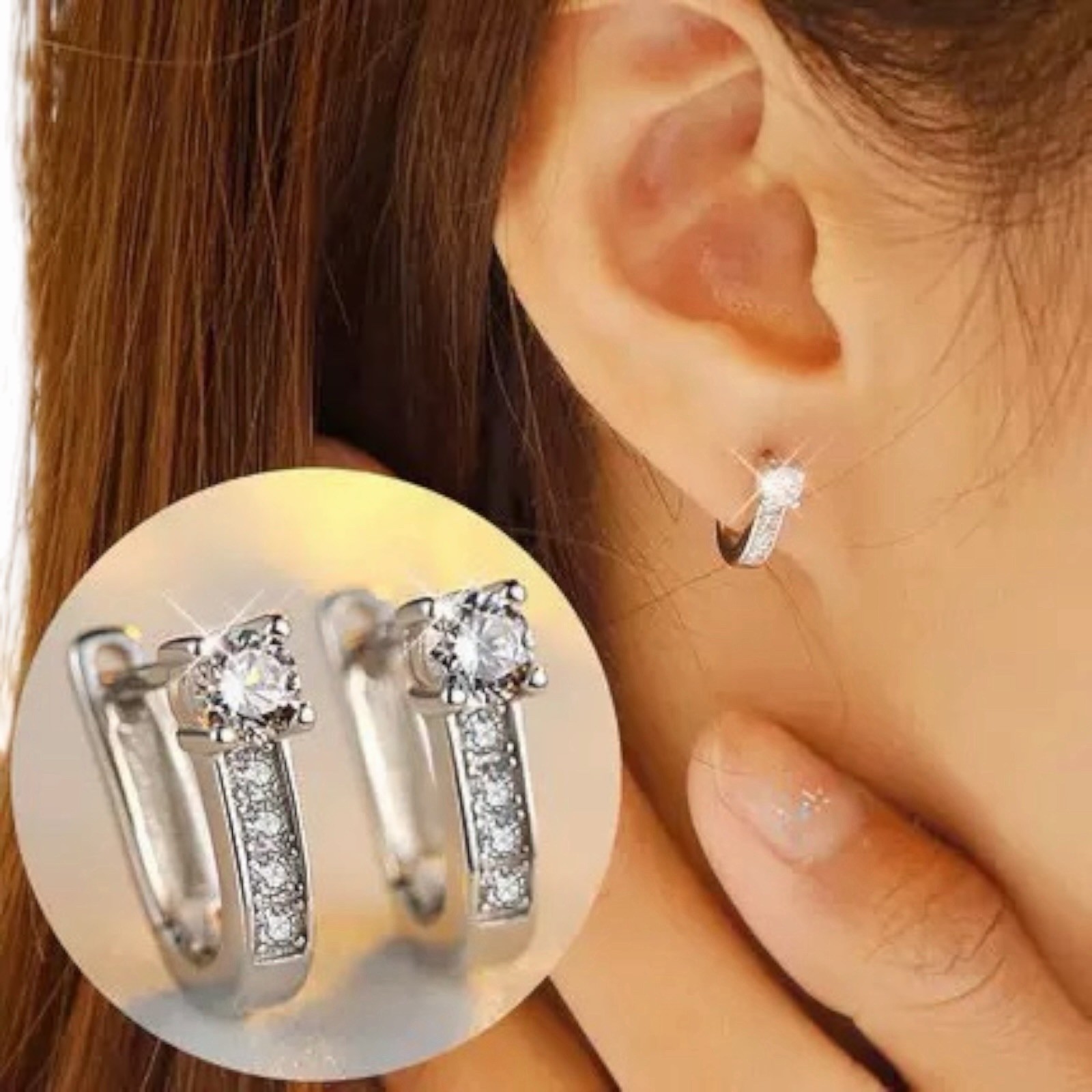 Women Girl 925 Sterling Silver CZ U Shape Hoop Earrings S925 Stamped Gift B49