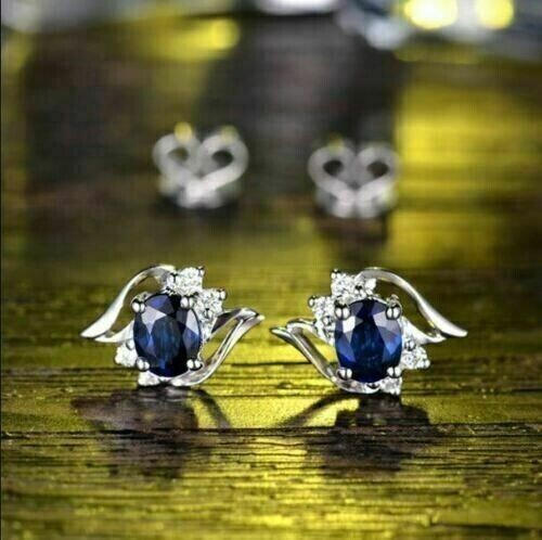 3.50Ct Oval Lab Created Blue Sapphire Women’s Stud Earring 14K White Gold Plated