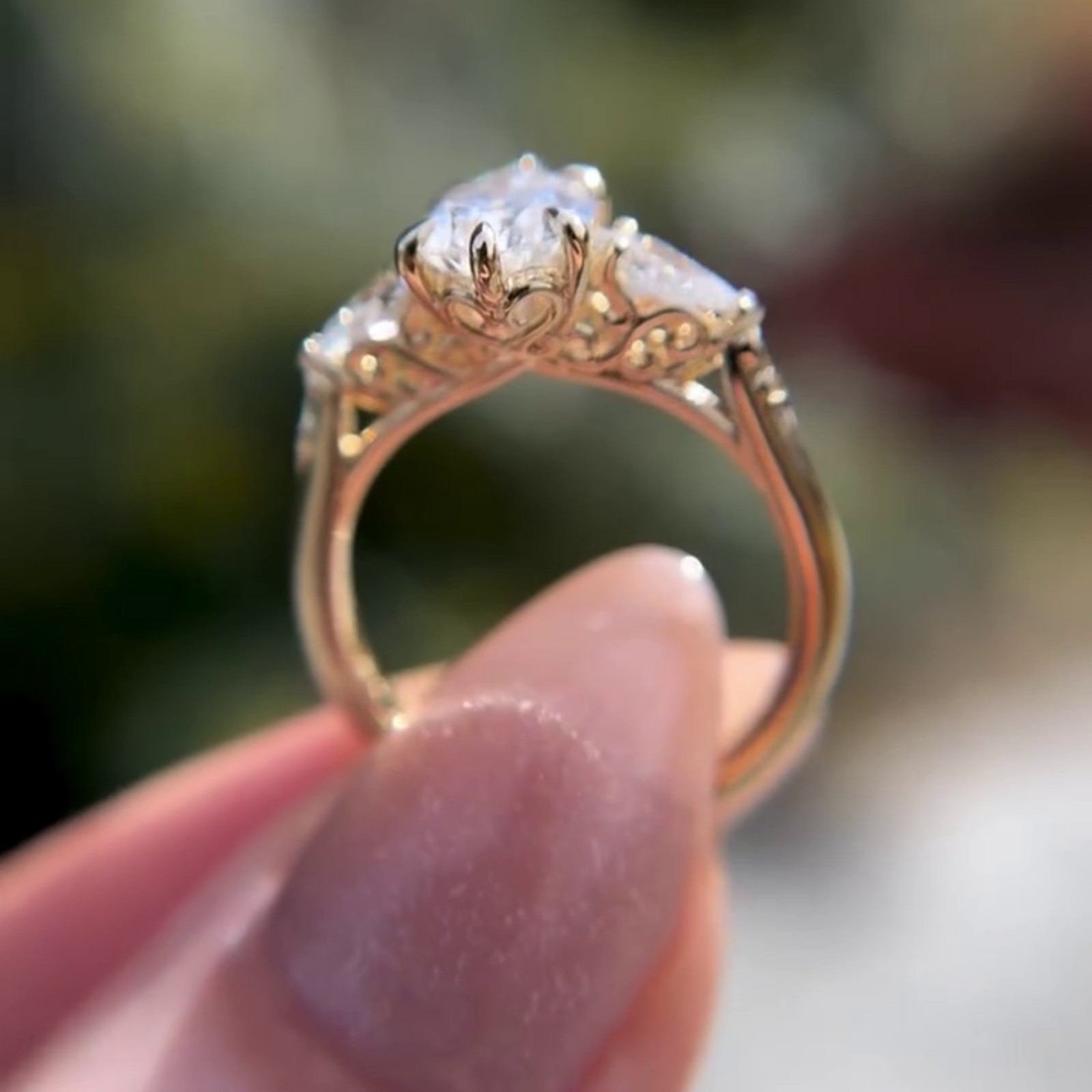 Floral 3 CT Pear Three Stone Moissanite Side Stone Kite 14K Yellow Gold Plated