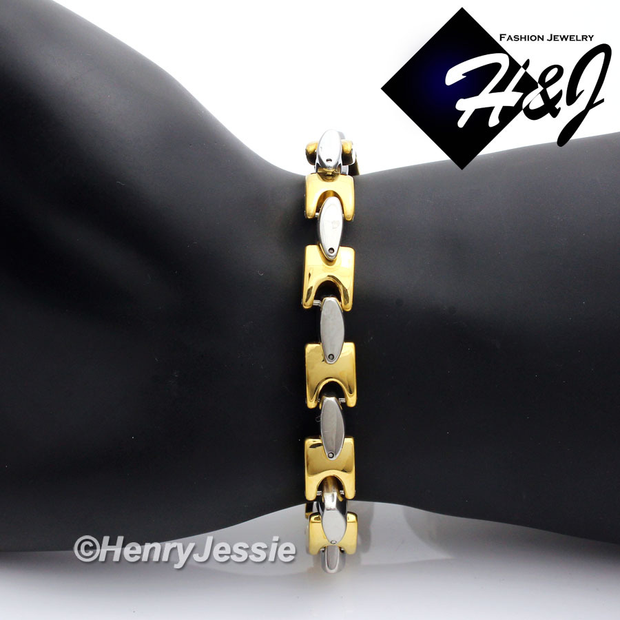 7.5-11″MEN Stainless Steel 8mm Silver/Gold Plated Interlock Bones Chain Bracelet