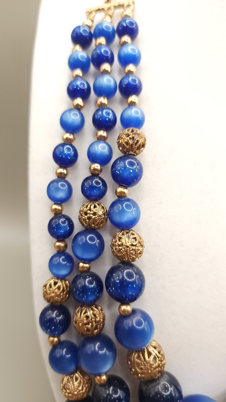 Vintage 1960s Blue Lucite Bead 3 Strand Statement Necklace Gold Filigree Chunky
