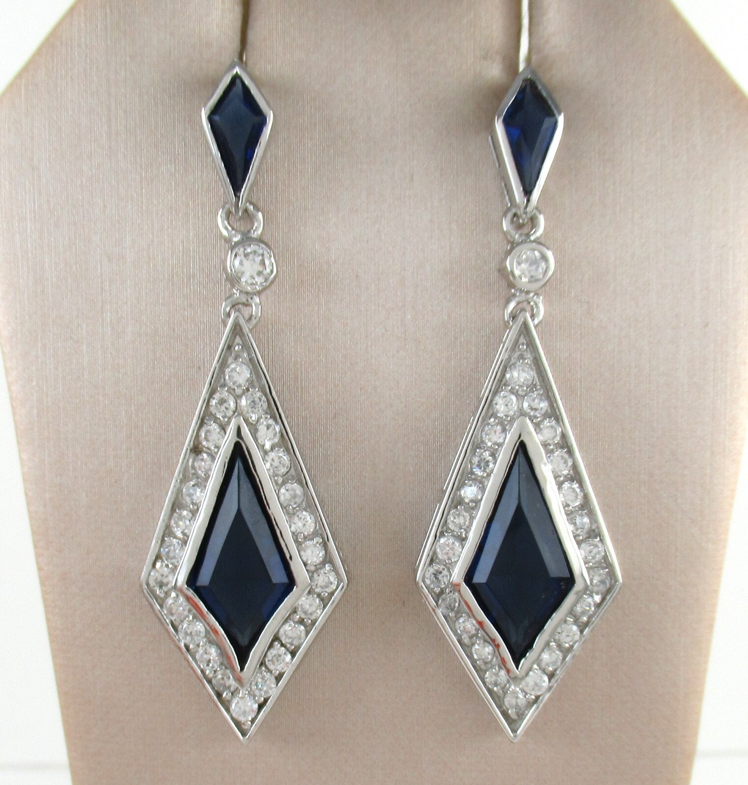 .925 Sterling Silver Blue & White CZ Earrings Art Deco Kite Shaped Elegant 2.25″