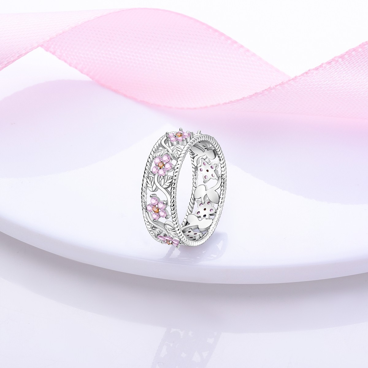 LAZA Original 925 Sterling Silver Pink CZ Flowers Finger Ring for Women Jewelry