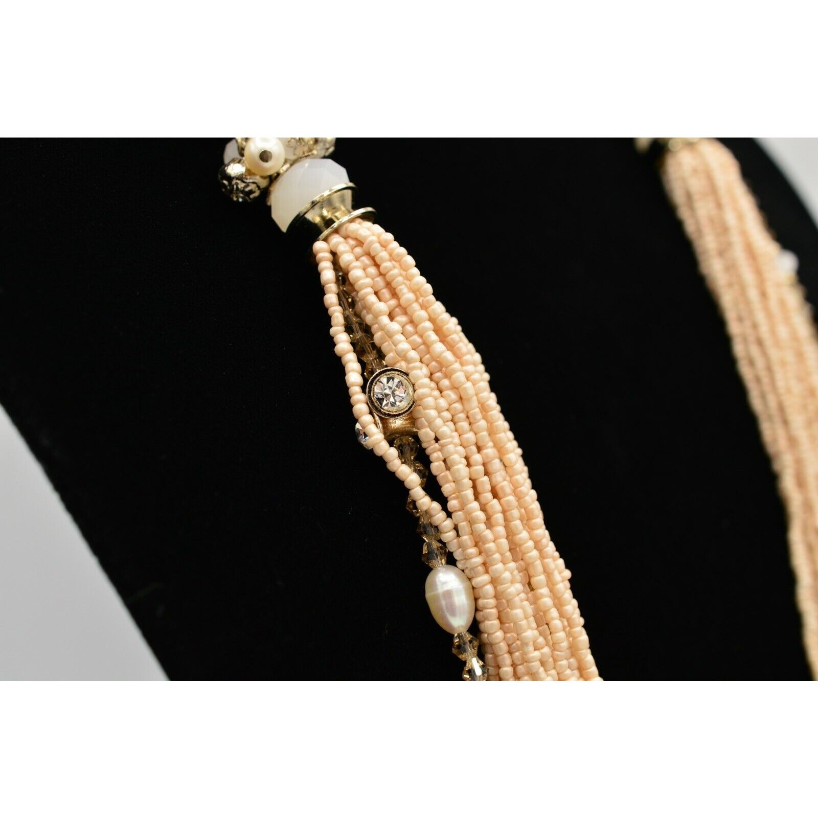 Statement Necklace Long Crystal Beaded Multi-Color Mauve Lace Pink Layered BinR