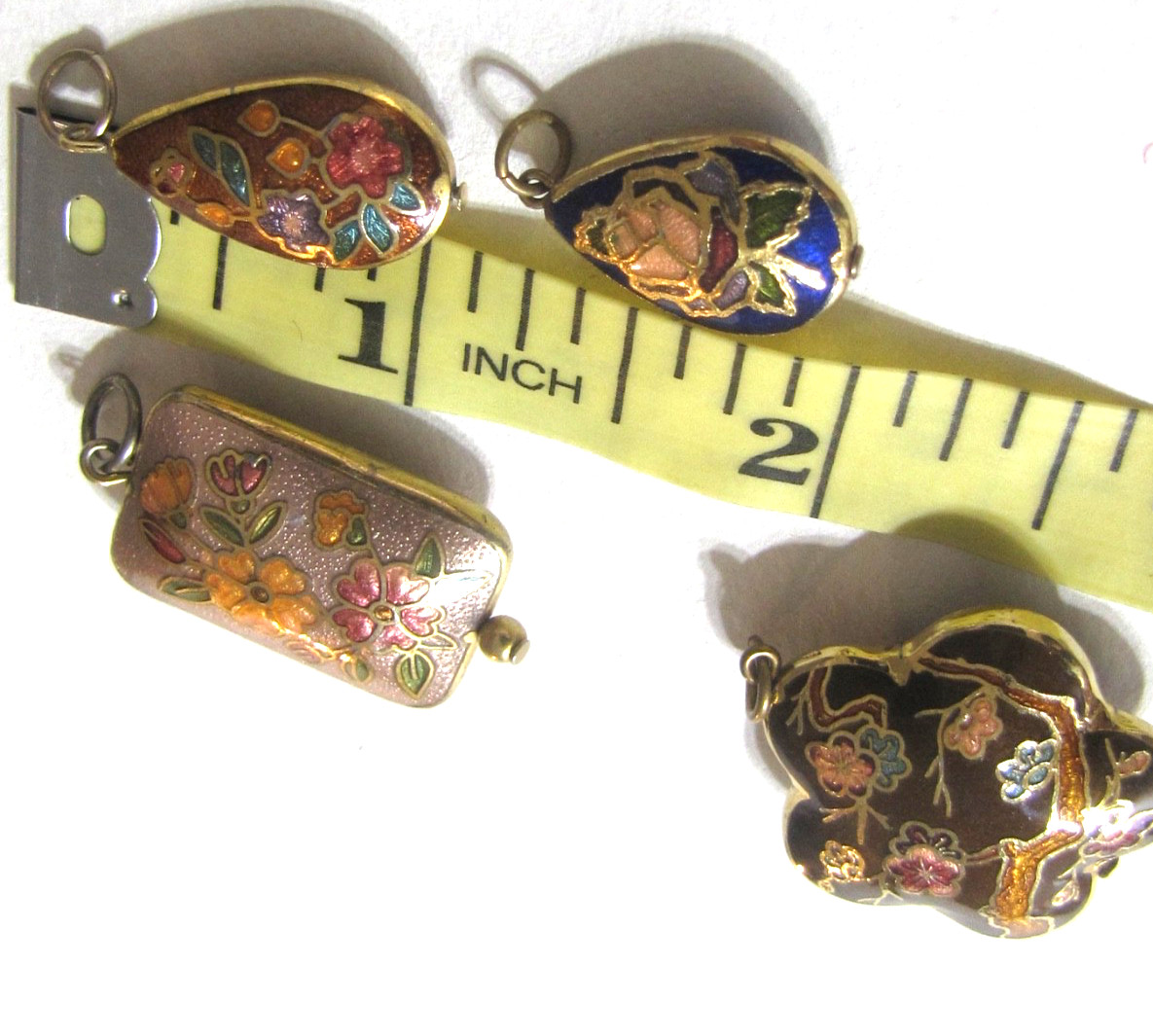 Vintage Cloisonne Pendant Lot 4 Floral Asian Charms Double Side Enamel Gold Tone