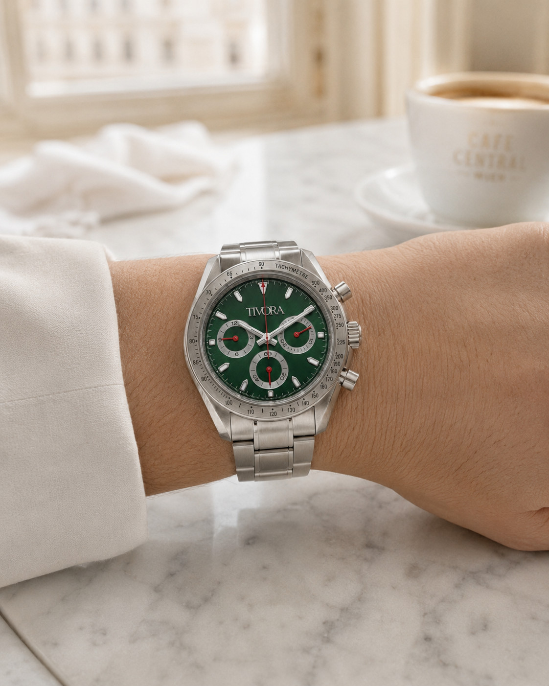 TÍVORÁ Veyron Argent Steel Race Emerald Dial – Custom Branded Automatic Chronogr
