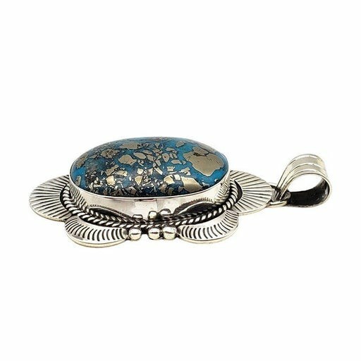 Turquoise Pendant 2.25″ Closed Back Pyrite Matrix Sterling Silver Southwestern