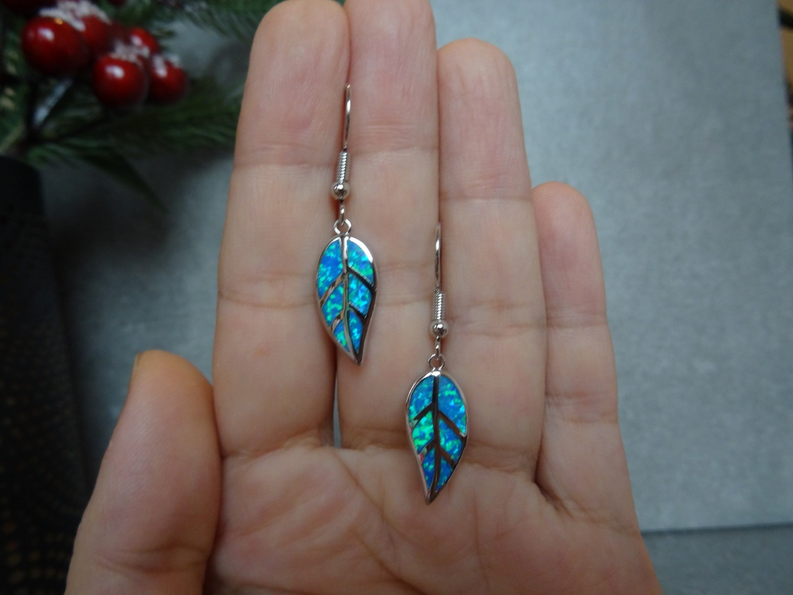 Opal Leaf Earrings Blue Fire Opal Earrings with Leaf Opal Pendant Stainless Steel